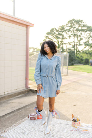 Light Wash Belted Denim Dress