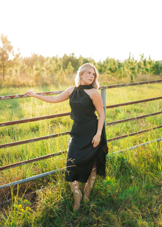 Black Satin Slit Midi Skirt