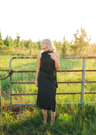 Black Satin Slit Midi Skirt