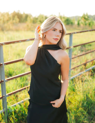 Black Satin One Shoulder Scarf Top