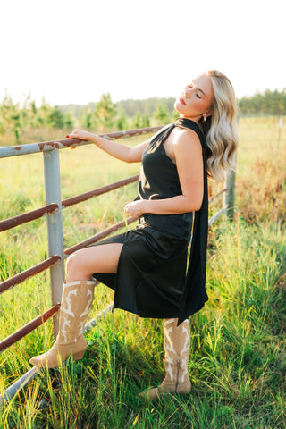 Black Satin Slit Midi Skirt