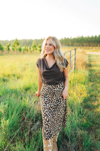 Brown Cowl Neck Satin Top