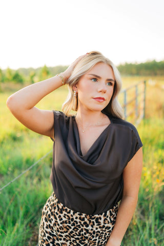 Brown Cowl Neck Satin Top