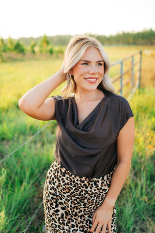 Brown Cowl Neck Satin Top