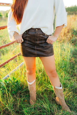 Brown Rustic Leather Mini Skirt