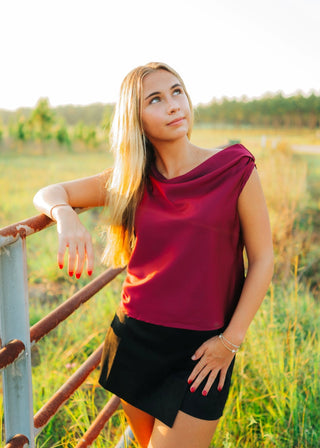 Burgundy Satin Draped Shoulder Top