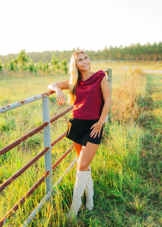 Burgundy Satin Draped Shoulder Top
