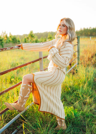 Camel Striped Knit Midi Skirt Set