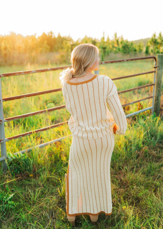 Camel Striped Knit Midi Skirt Set