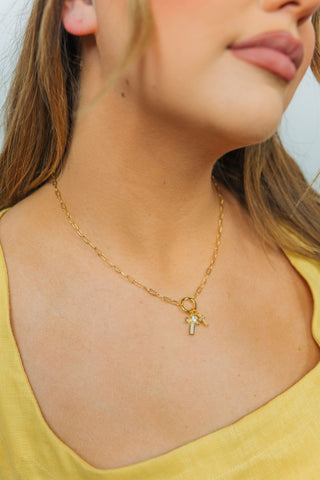 Gold Pearl & Rhinestone Cross Necklace