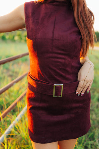 Burgundy Mock Neck Belted Mini Dress