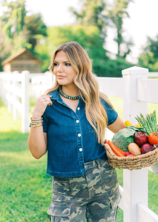 Denim Short Sleeve Collared Blouse