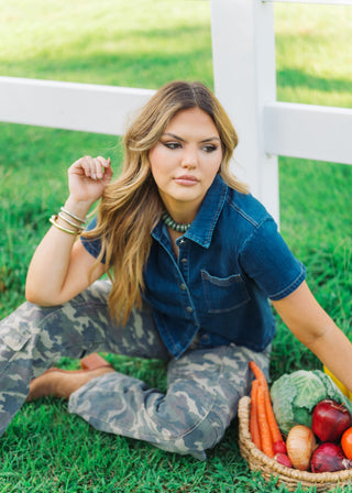 Denim Short Sleeve Collared Blouse