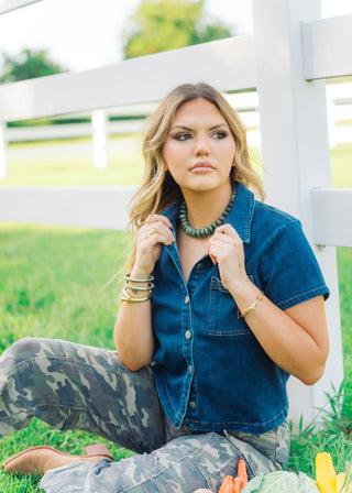 Denim Short Sleeve Collared Blouse