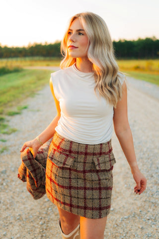 Taupe Plaid Wool Mini Skirt