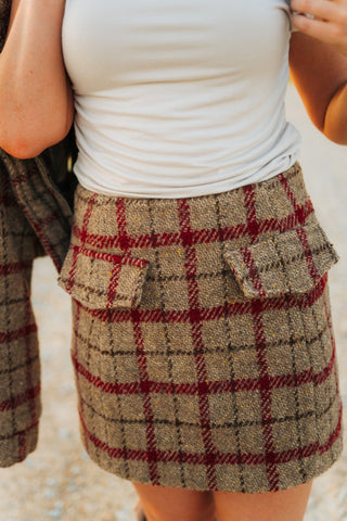 Taupe Plaid Wool Mini Skirt