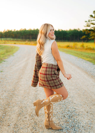 Taupe Plaid Wool Mini Skirt