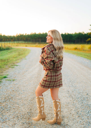 Taupe Plaid Wool Cropped Jacket