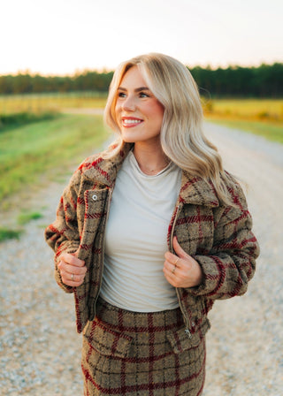 Taupe Plaid Wool Cropped Jacket