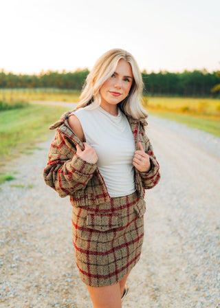 Taupe Plaid Wool Cropped Jacket
