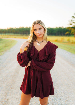 Burgundy Collared Puff Sleeve Dress