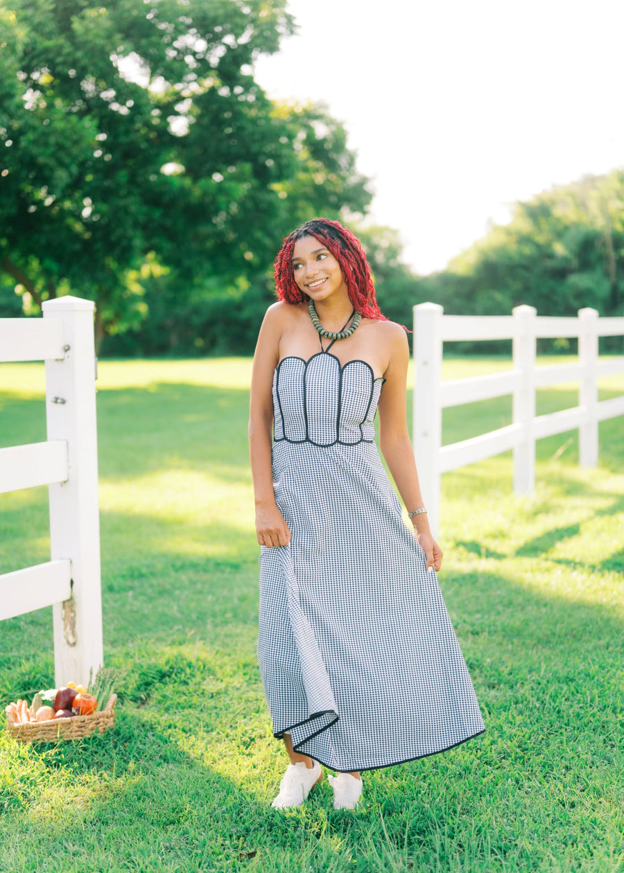 Black Gingham Scallop Halter Maxi Dress