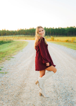 Burgundy Collared Puff Sleeve Dress