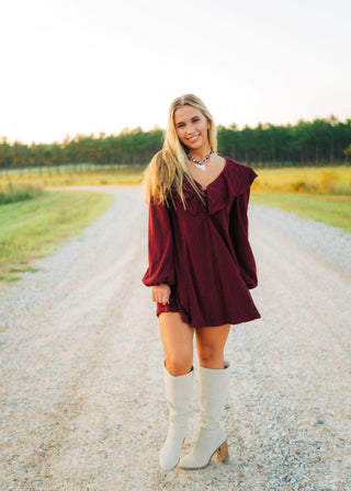Burgundy Collared Puff Sleeve Dress