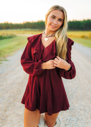 Burgundy Collared Puff Sleeve Dress