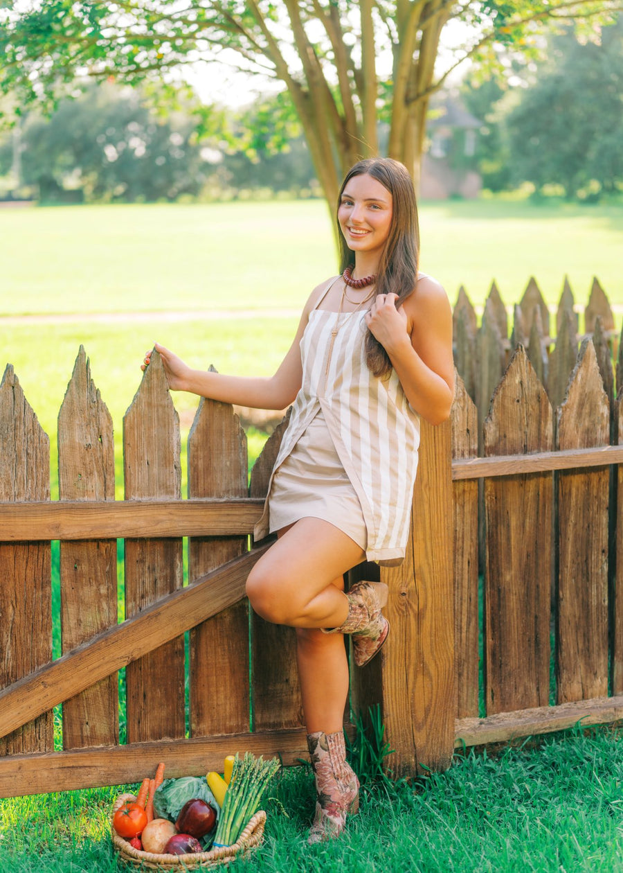 Tan Striped Front Split Skort Set