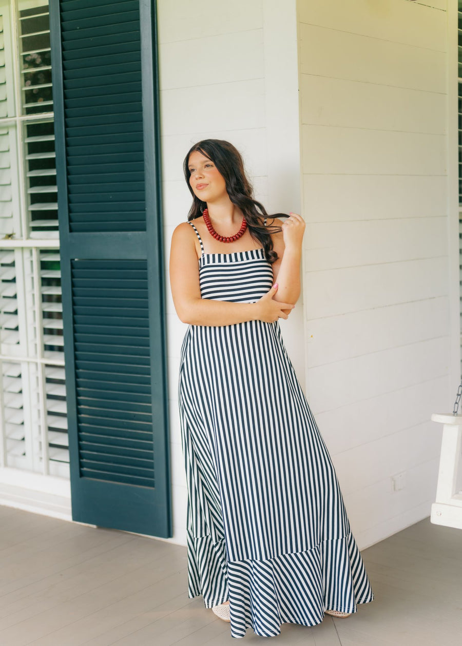 Black Striped Cutout Back Maxi Dress