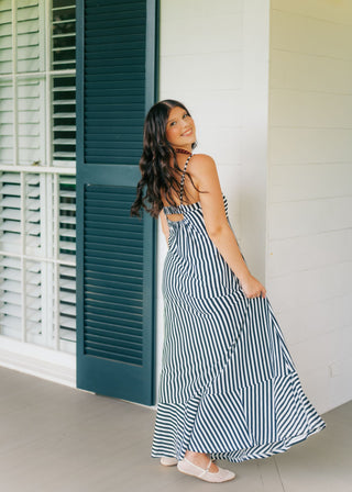 Black Striped Cutout Back Maxi Dress