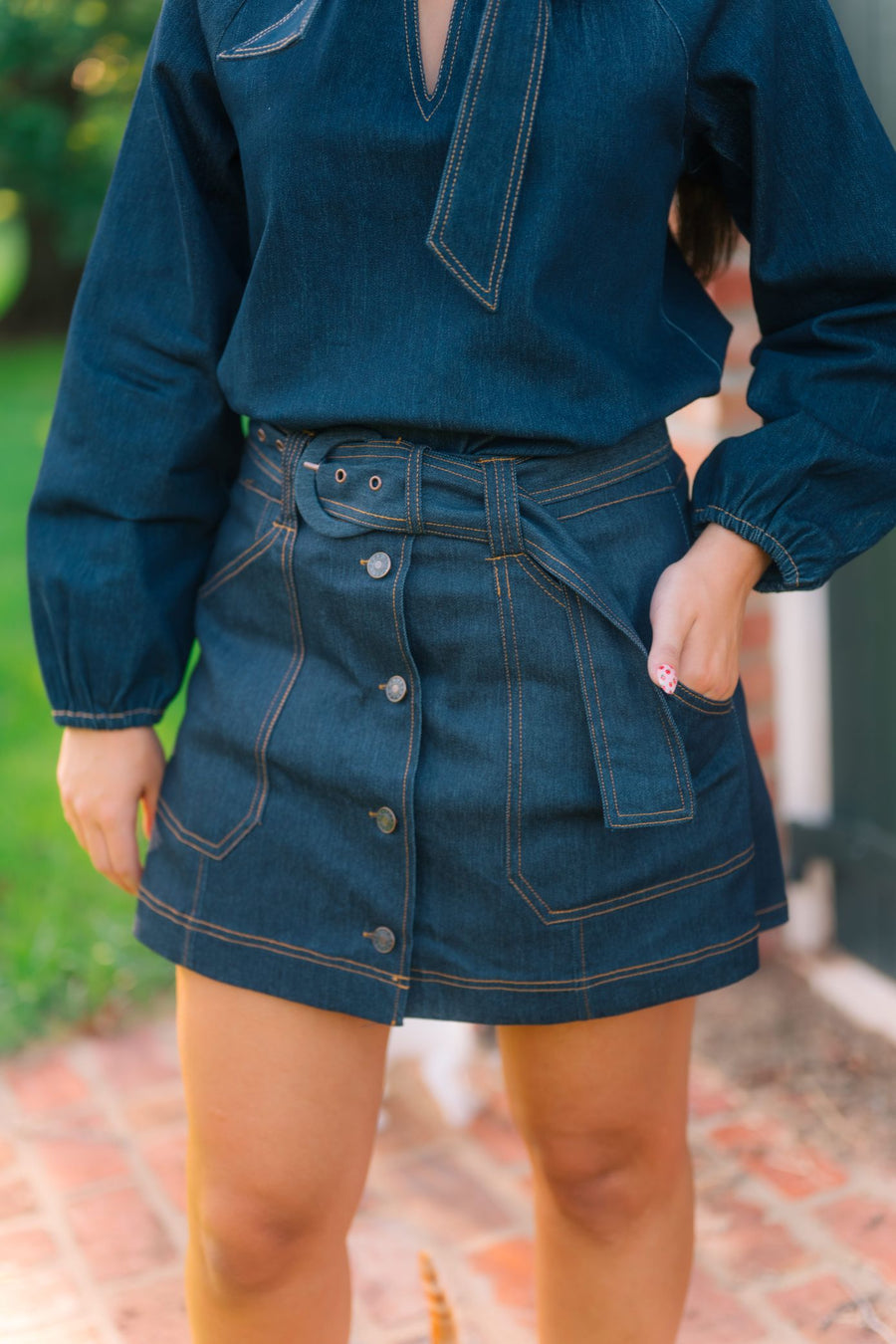 Dark Wash Belted Denim Skort