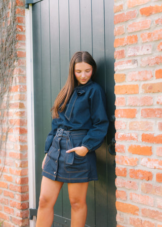 Dark Wash Belted Denim Skort