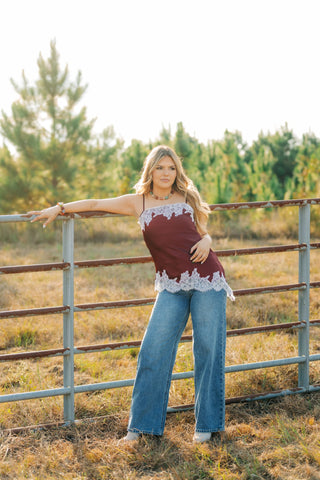 PREORDER(OCT 30)-Burgundy Lace Trim Asymmetrical Top