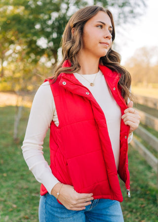 Red Quilted Sleeveless Puffer Vest