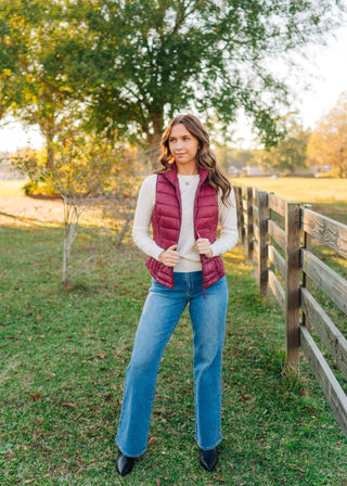 Burgundy Zip Up Puffer Vest