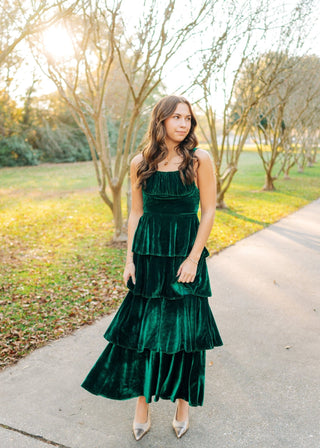 Green Ruffle Tiered Velvet Maxi Dress