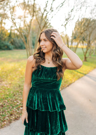 Green Ruffle Tiered Velvet Maxi Dress