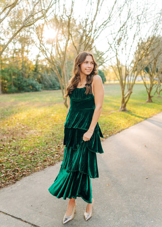 Green Ruffle Tiered Velvet Maxi Dress