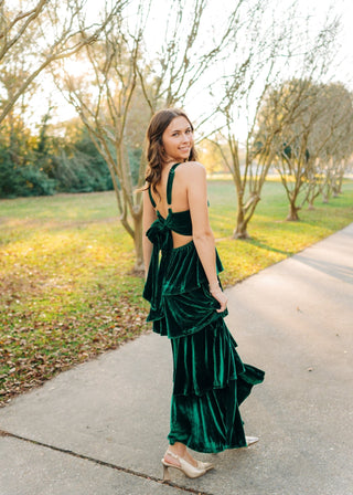 Green Ruffle Tiered Velvet Maxi Dress