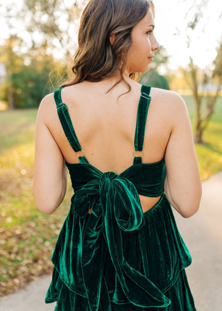 Green Ruffle Tiered Velvet Maxi Dress