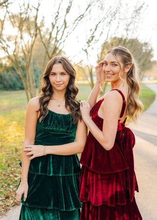 Green Ruffle Tiered Velvet Maxi Dress
