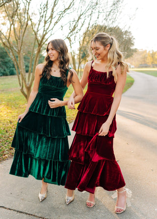 Red Ruffle Tiered Velvet Maxi Dress