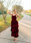 Red Ruffle Tiered Velvet Maxi Dress