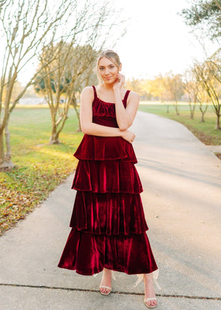 Red Ruffle Tiered Velvet Maxi Dress