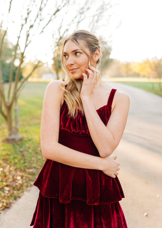Red Ruffle Tiered Velvet Maxi Dress
