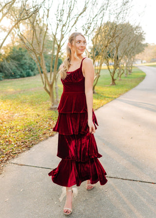 Red Ruffle Tiered Velvet Maxi Dress