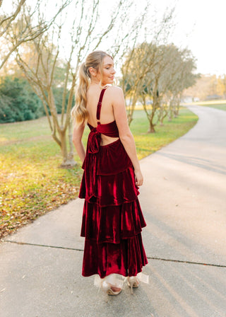 Red Ruffle Tiered Velvet Maxi Dress