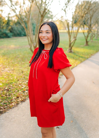 Red Bow Trim Puff Sleeve Mini Dress